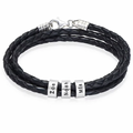 Black braided leather bracelet with silver name charms. gold, sterling silver, rose gold plated, plating. makana jewellery, jewelry.