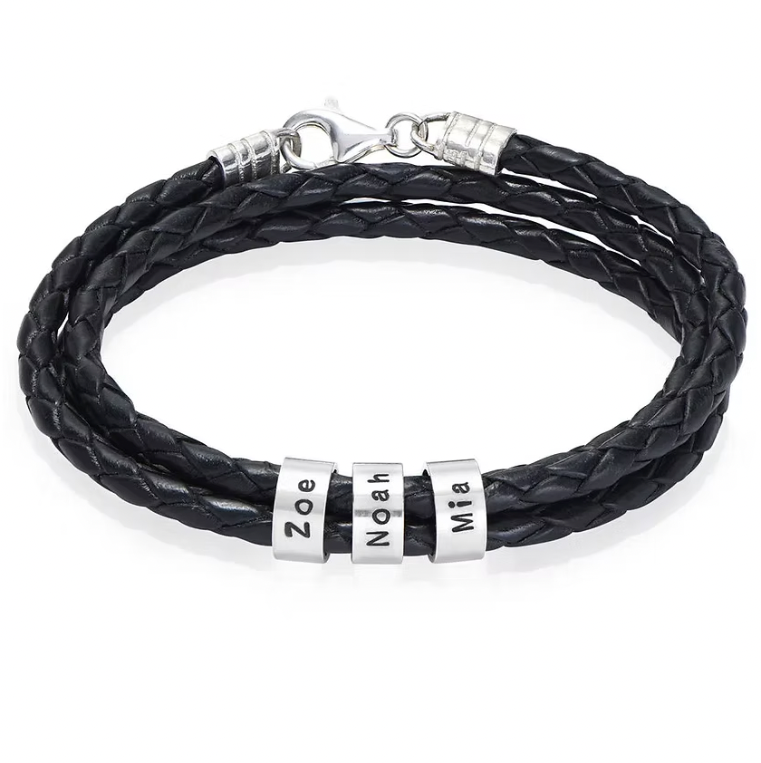 Black braided leather bracelet with silver name charms. gold, sterling silver, rose gold plated, plating. makana jewellery, jewelry.