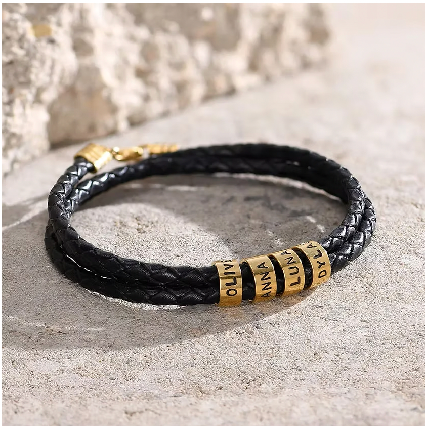 Leather Black Bracelet for Men with Small Custom Beads