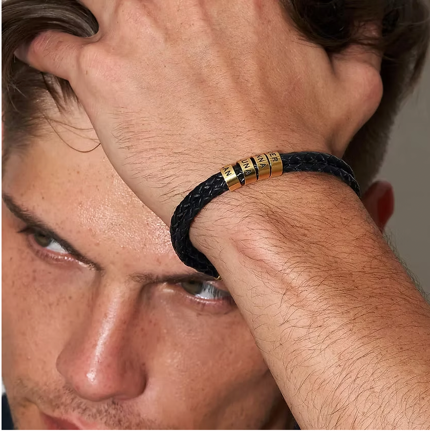 Leather Black Bracelet for Men with Small Custom Beads