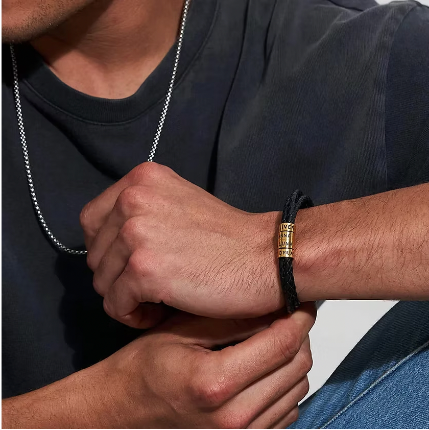 Leather Black Bracelet for Men with Small Custom Beads