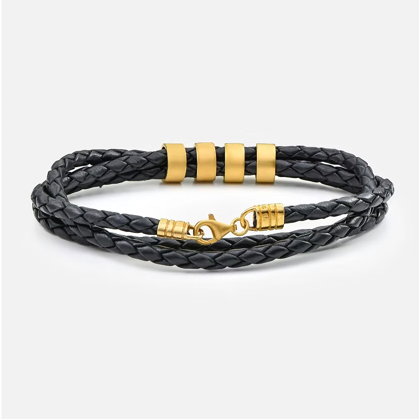 Leather Black Bracelet for Men with Small Custom Beads