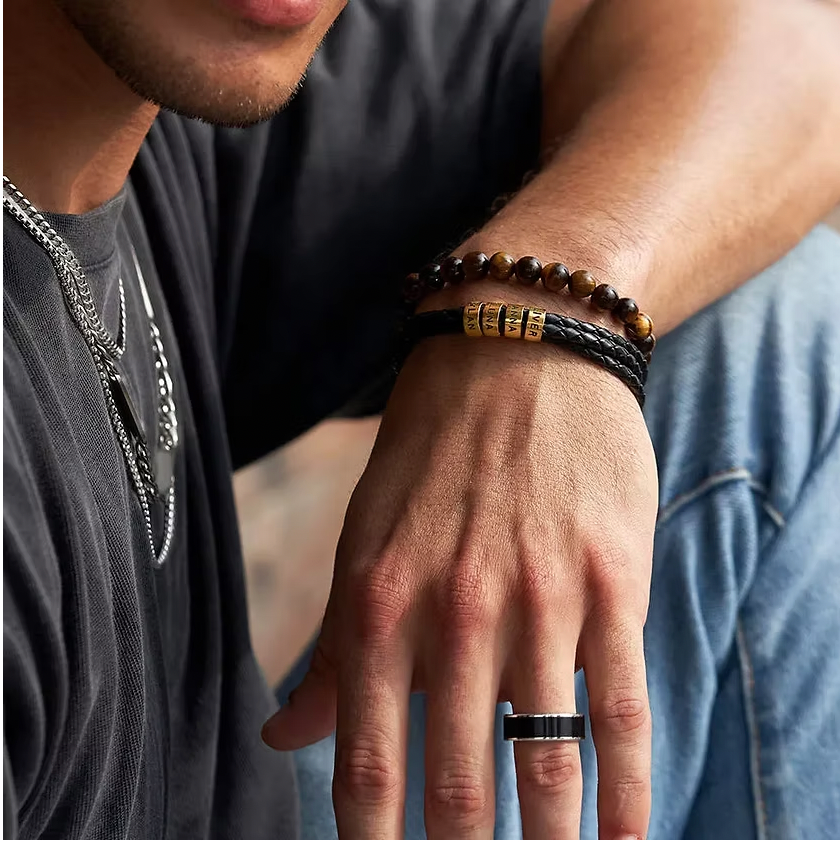 Leather Black Bracelet for Men with Small Custom Beads