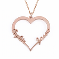 Rose gold heart-shaped necklace with inscribed on a white background. Couple Name Heart Necklace. gold. silver. rose gold. plated. 18k gold. silver. rose gold. plated 18k solid sterling silver. makana jewellery jewelry