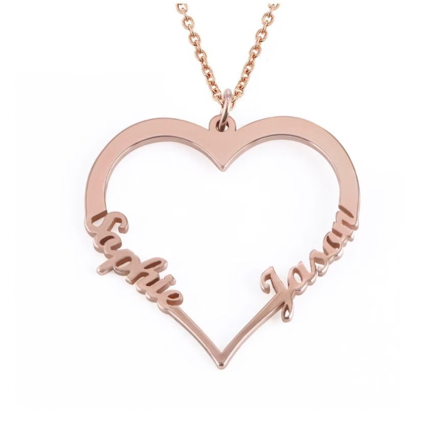 Rose gold heart-shaped necklace with inscribed on a white background. Couple Name Heart Necklace. gold. silver. rose gold. plated. 18k gold. silver. rose gold. plated 18k solid sterling silver. makana jewellery jewelry