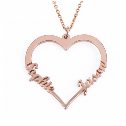 Rose gold heart-shaped necklace with inscribed on a white background. Couple Name Heart Necklace. gold. silver. rose gold. plated. 18k gold. silver. rose gold. plated 18k solid sterling silver. makana jewellery jewelry