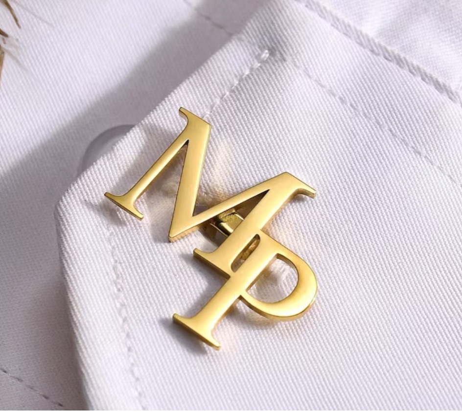 Gold cufflinks with initials on a white shirt. gold. silver. rose gold. plated 18k solid sterling silver. makana jewellery jewelry