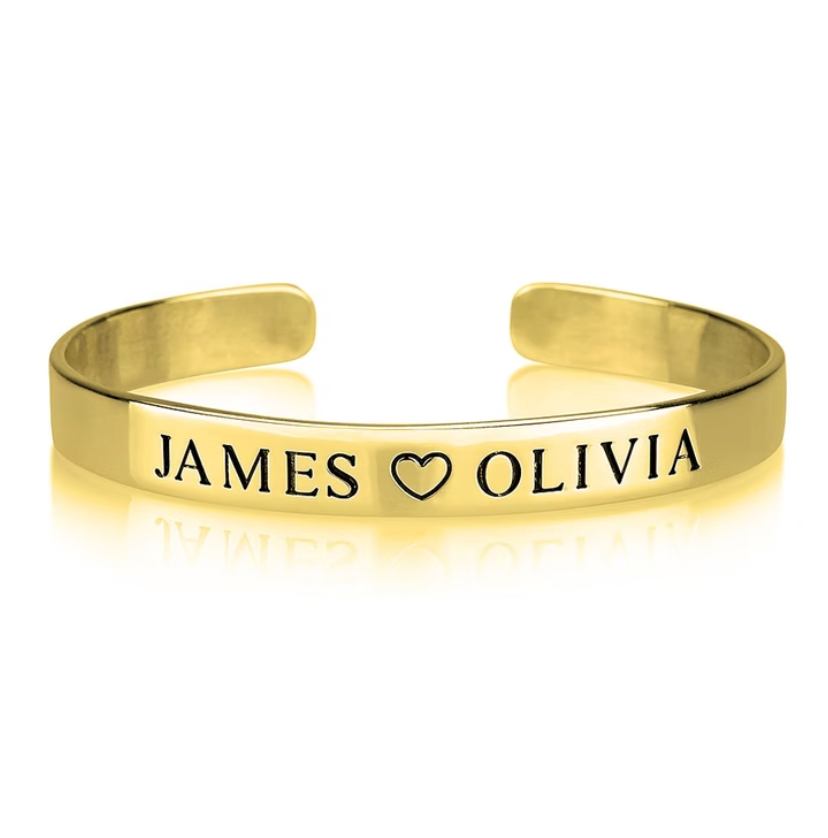 Gold bracelet with 'JAMES ❤️ OLIVIA' engraving. Personalized Name Bangle.silver. gold . rose gold. plated 18k 22k plated