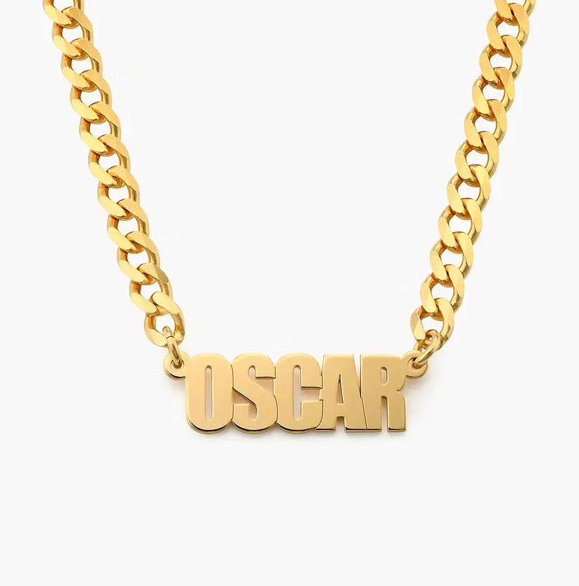 Gold chain necklace with 'OSCAR' pendant. Thick Chain Name Necklace. silver. thick.