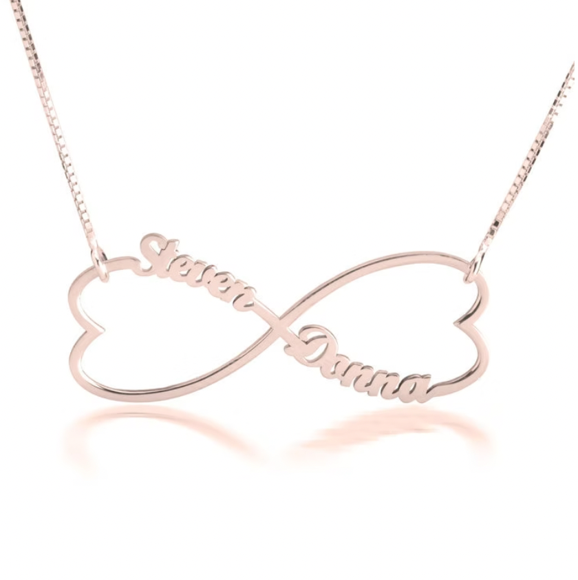 Infinity name necklace with two hearts