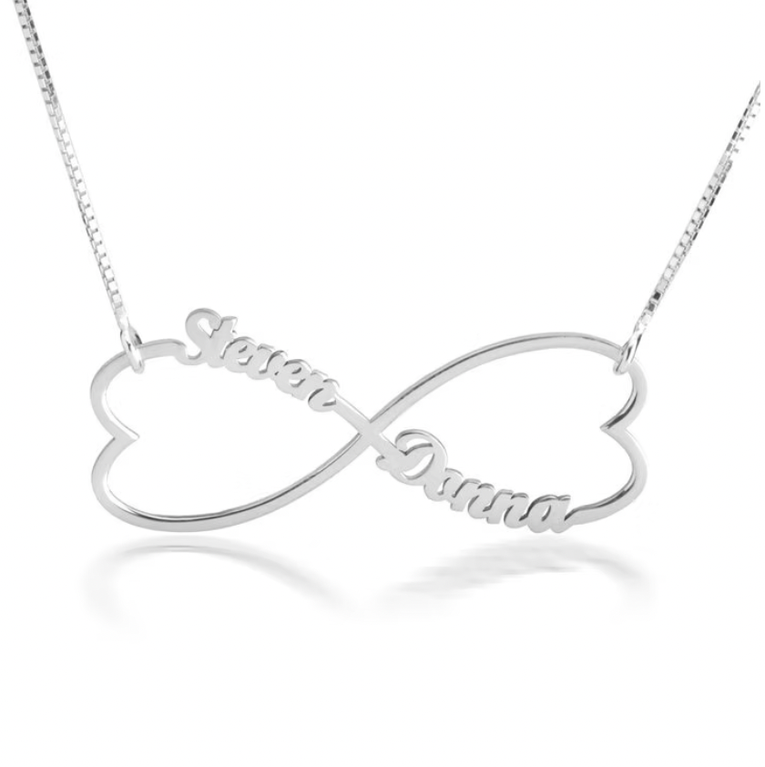 Silver infinity name necklace. Heart Infinity Necklace. gold. silver. rose gold. plated/ gold. silver. rose gold. plated 18k solid sterling silver. makana jewellery jewelry