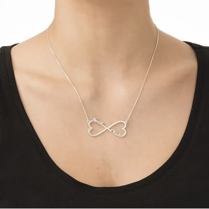 Infinity name necklace with two hearts