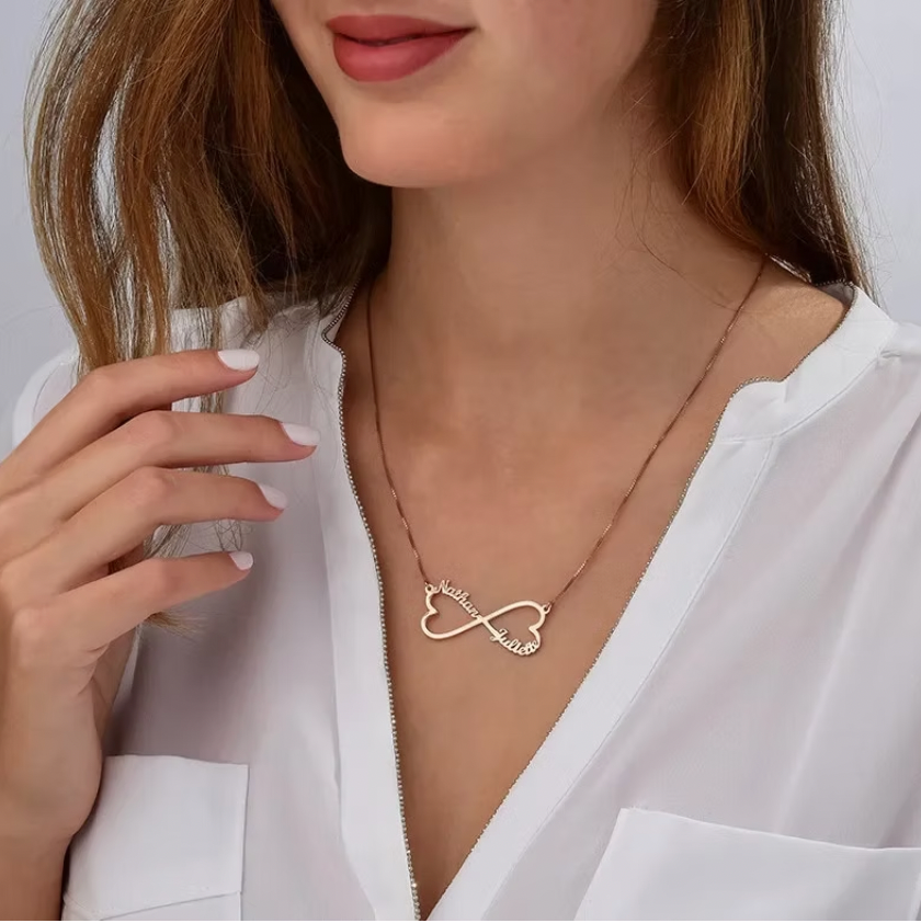 Infinity name necklace with two hearts