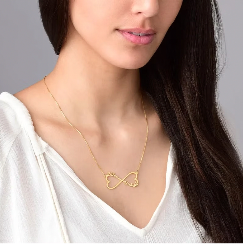 Infinity name necklace with two hearts