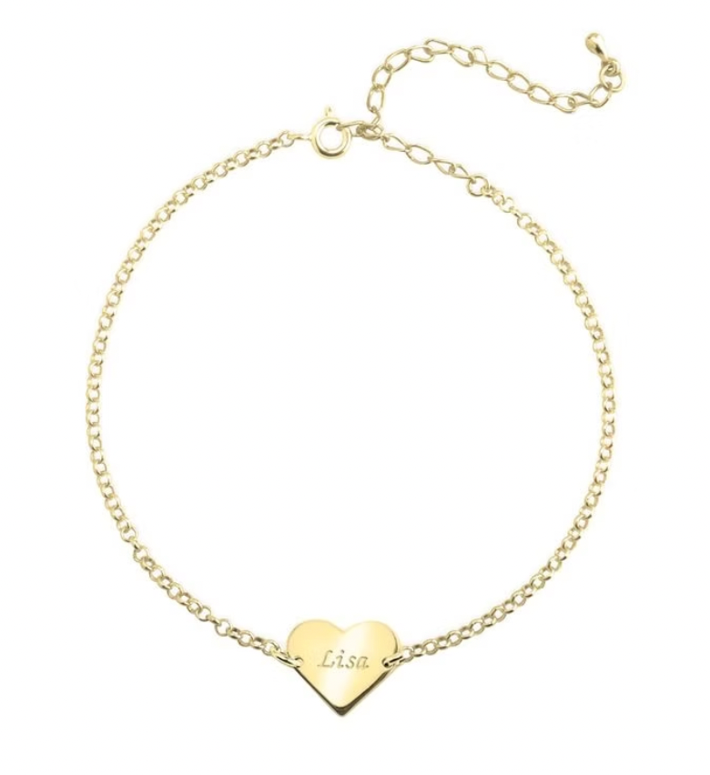 Gold bracelet with a heart-shaped nameplate gold. silver. rose gold. plated 18k solid sterling silver. makana jewellery jewelry