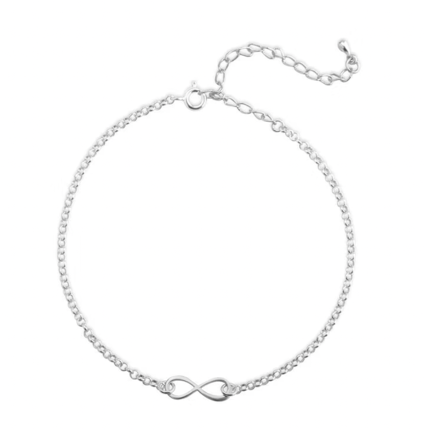 Silver bracelet with an infinity symbol on a . gold plated, rose gold plated. gold. silver. rose gold. plated 18k solid sterling silver. makana jewellery jewelry