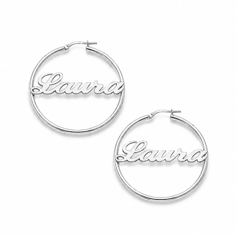 Silver hoop earrings withHoop Name Earring gold, sterling silver, rose gold, plated, 18k, makana jewellery, luxury engraving on a white background