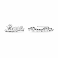 A pair of silver script nameplate earrings spelling. gold, sterling silver 925, rose gold. 18k, 20k. makana jewellery, jewelry
