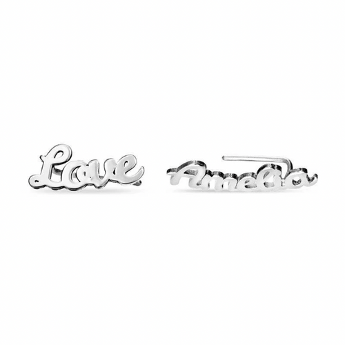 A pair of silver script nameplate earrings spelling. gold, sterling silver 925, rose gold. 18k, 20k. makana jewellery, jewelry