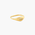 A polished gold signet ring engraved with the name in black cursive script, gold. rose gold. silver. plated. gold. silver. rose gold. plated 18k solid sterling silver. makana jewellery jewelry