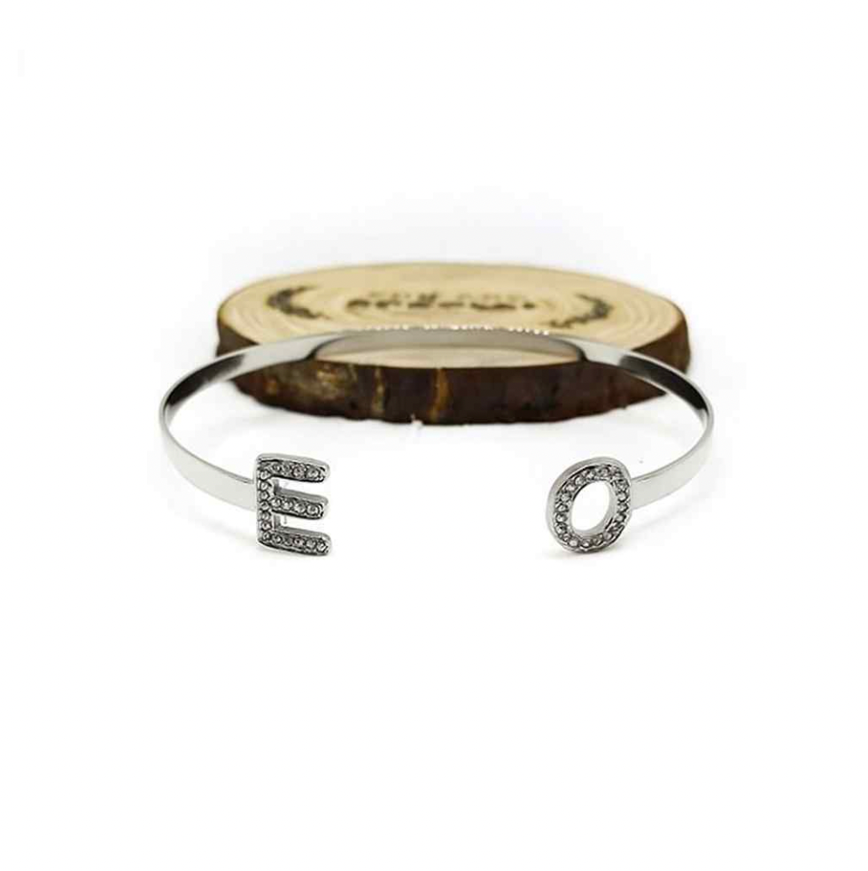 Two-Initial Stone Bangle, gold plated, sterling silver 925, rose gold plated, imitation jewellery, Makana Jewellery, 18k, jewelry