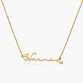 A gold name plate necklace spelling 'Harper' in cursive script, with a small clear gemstone accent at the end. engraved. Diamond, sterling silver 925, gold plated, rose gold plated. makana jewellery, jewelry