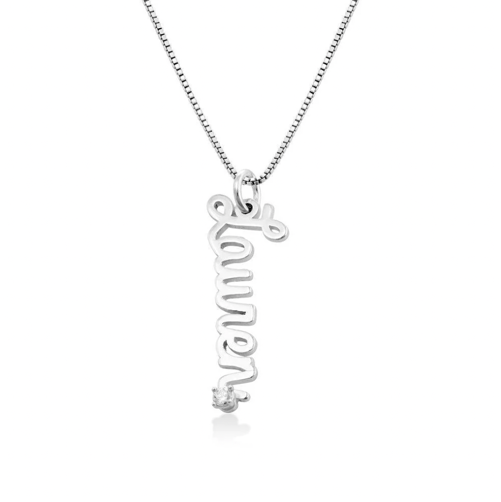 English Cursive Vertical Name Necklace with Diamond