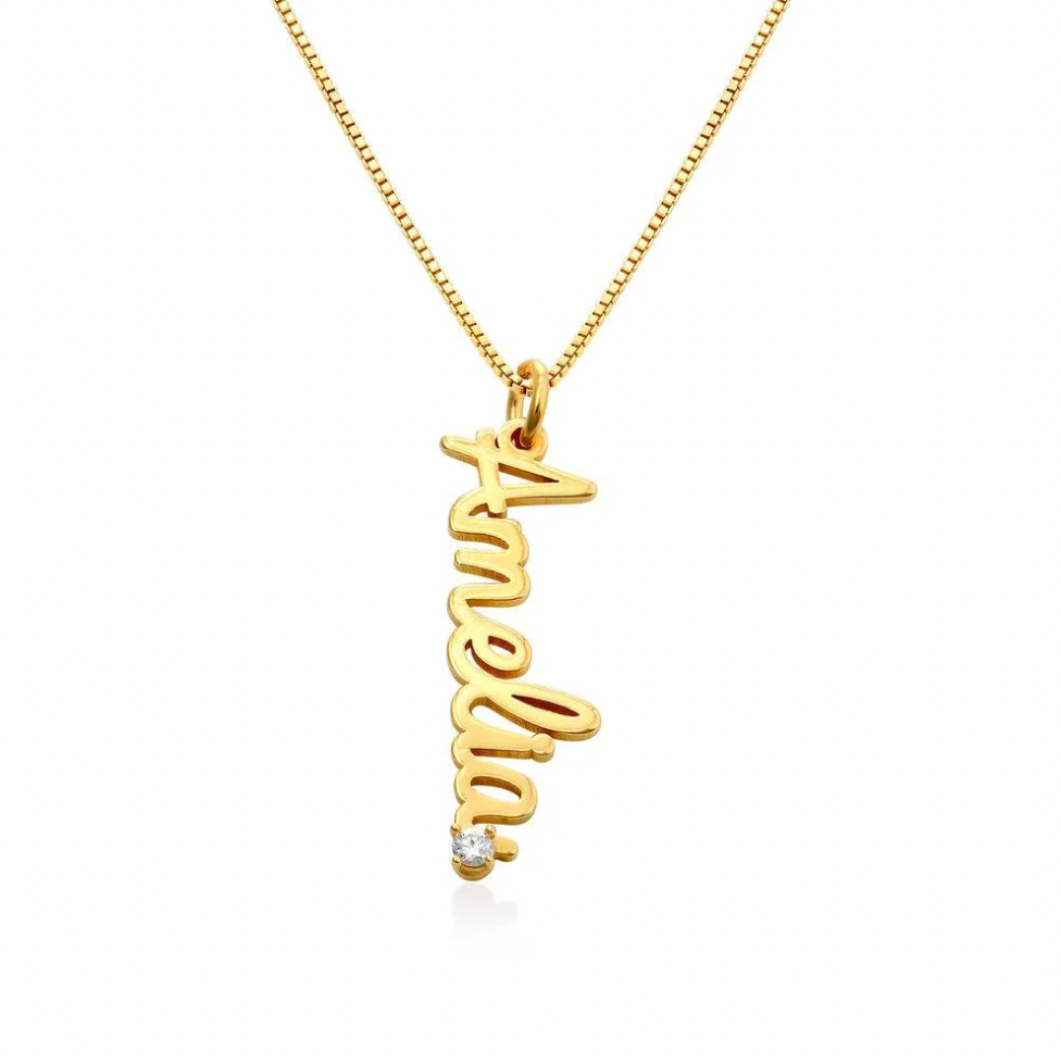 English Cursive Vertical Name Necklace with Diamond