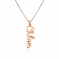 A rose gold script name necklace with a delicate chain and a cursive pendant A rose gold shaped pendant necklace with interlocking curved arms. Diamond, sterling silver 925, gold plated, rose gold plated. makana jewellery, jewelry