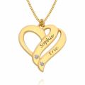 A gold heart-shaped pendant necklace with interlocking curved arms, engraved. Diamond, sterling silver 925, gold plated, rose gold plated. makana jewellery, jewelry