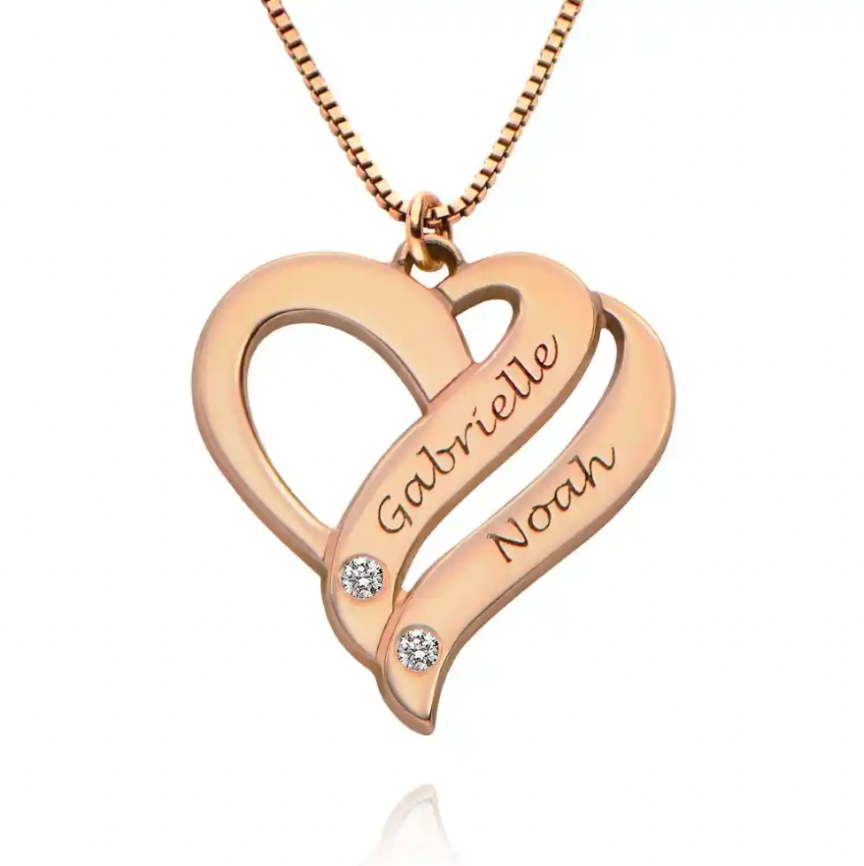 Couples Heart Necklace with Two Names & Diamonds
