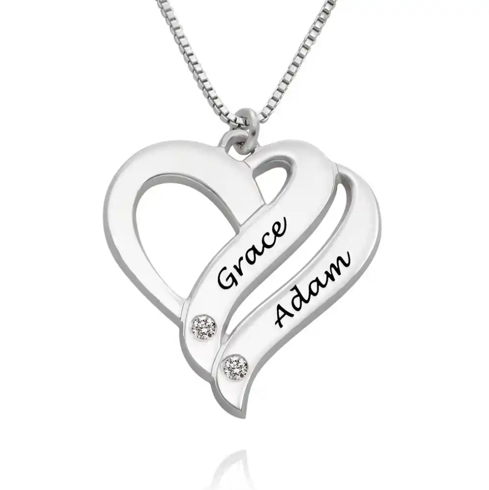 Couples Heart Necklace with Two Names & Diamonds