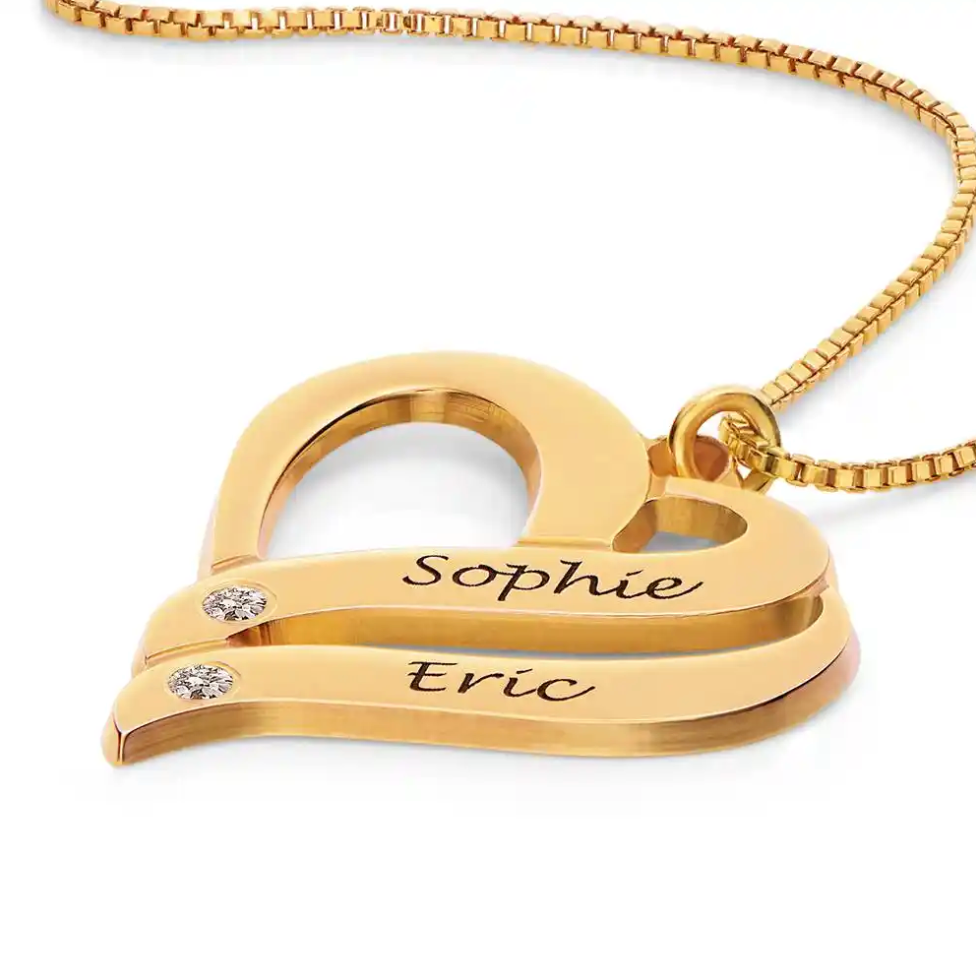 Couples Heart Necklace with Two Names & Diamonds