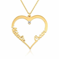 A gold heart-shaped pendant necklace with the names engraved along the bottom curve, featuring a small clear gemstone at the top center and a delicate gold chain, Diamond, sterling silver 925, gold plated, rose gold plated. makana jewellery, jewelry.