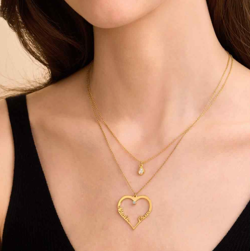 Personalized Two Name Heart Necklace with Diamond
