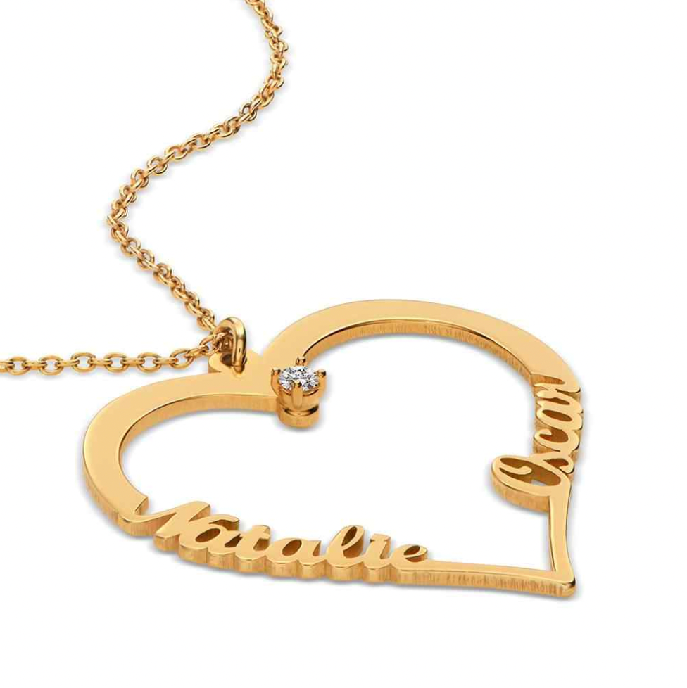Personalized Two Name Heart Necklace with Diamond