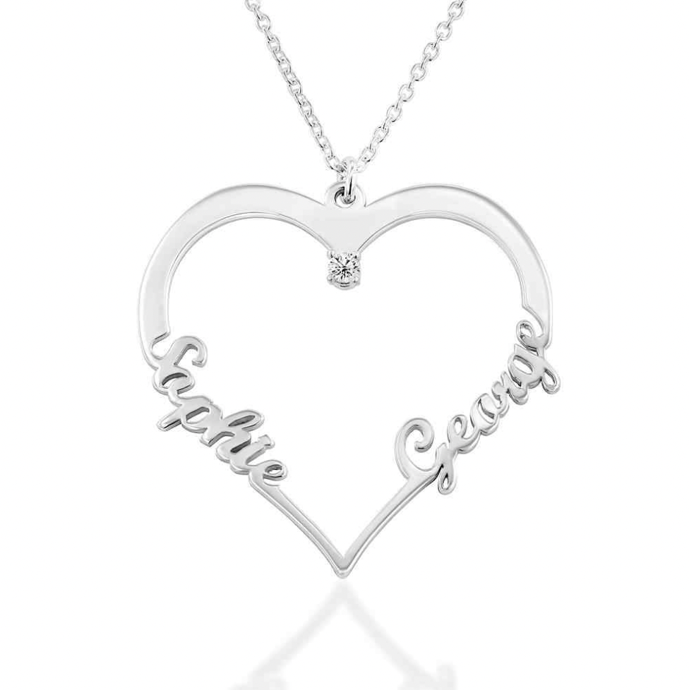 Personalized Two Name Heart Necklace with Diamond