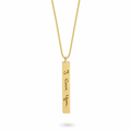 A gold bar pendant necklace engraved with 'I Love You' in black script, suspended from a gold chain. Rose gold, sterling silver, plated, makana jewelry, jewellery. gold
