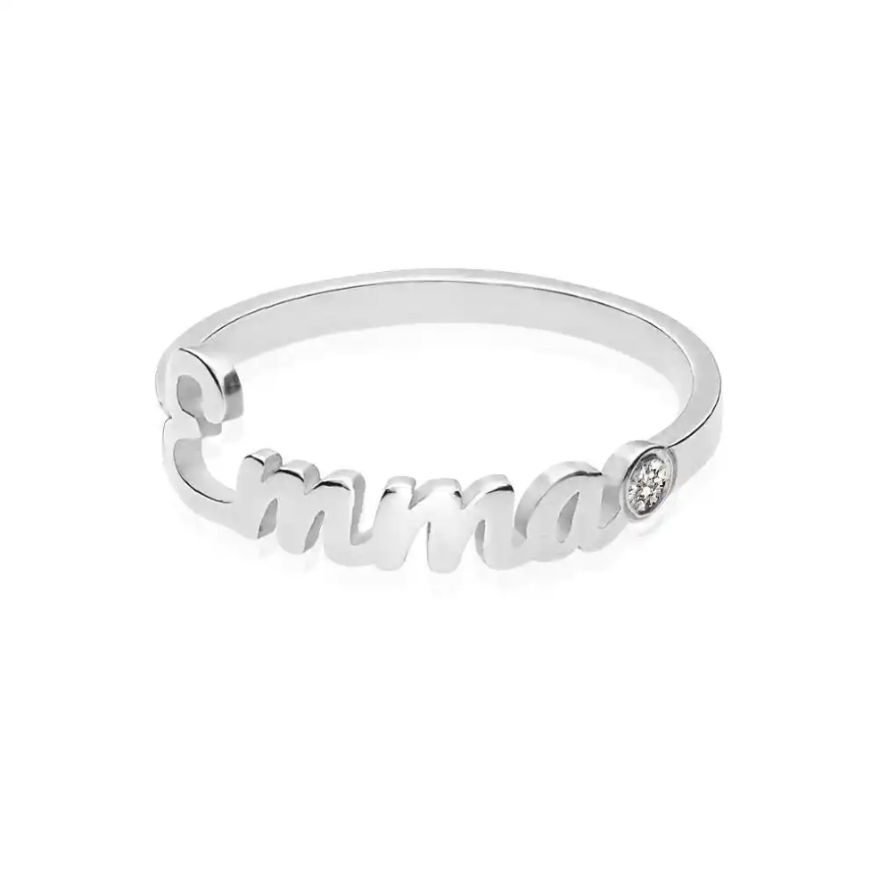 A silver name ring featuring the name  in a cursive script, embellished with a small round clear gemstone on the right side, birthstone ring. gold, rose, silver sterling, jewellery, jewerly, 18K plated. makana jewellery