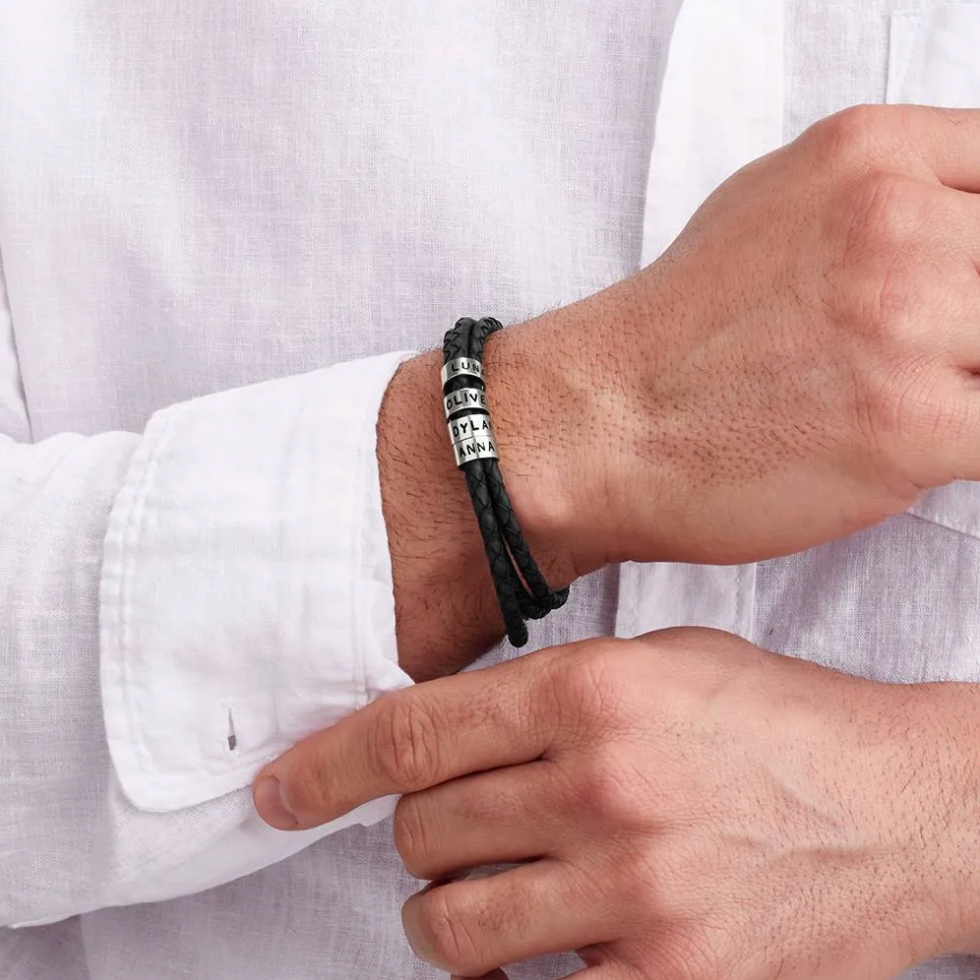 Leather Brown Bracelet for Men with Small Custom Beads