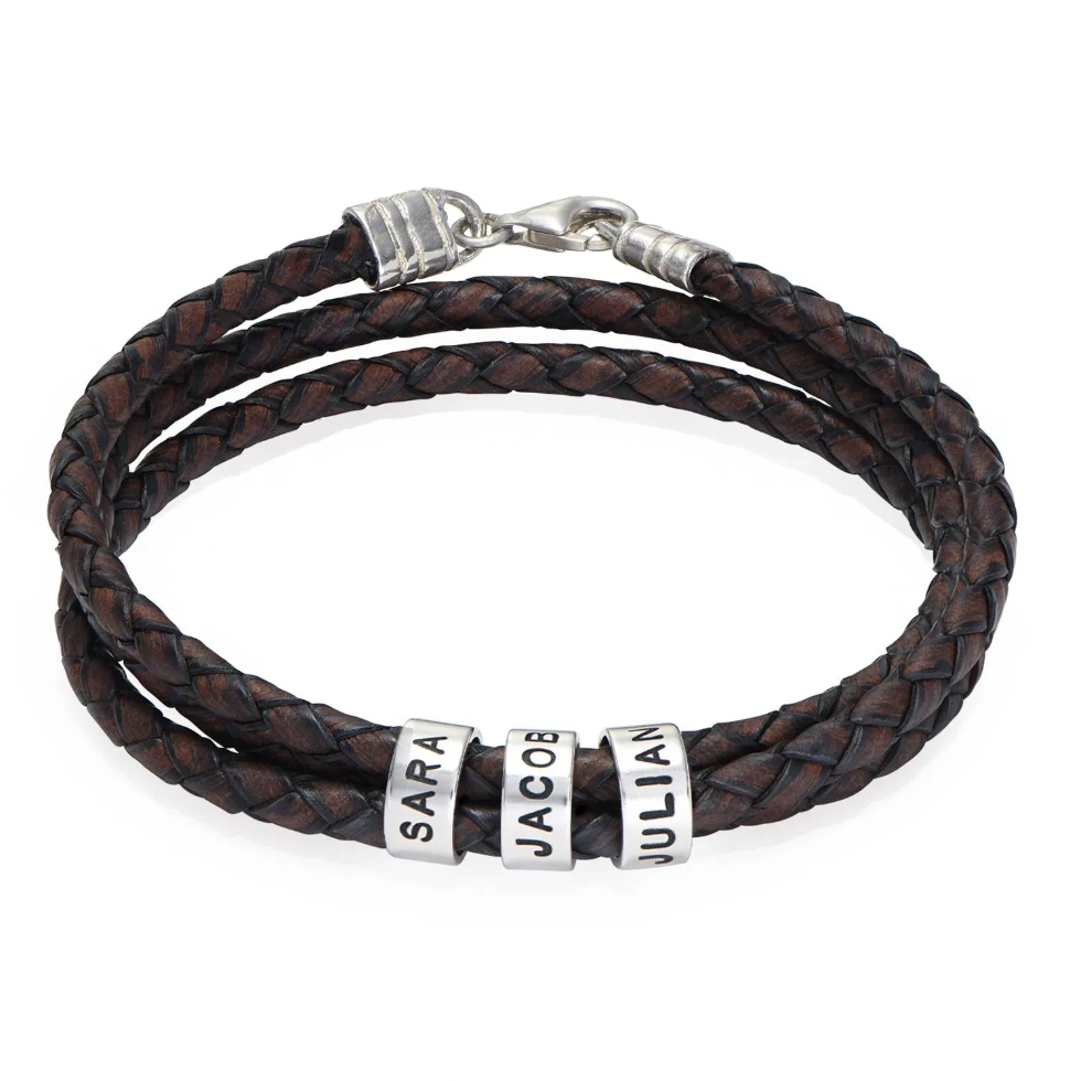 Leather Brown Bracelet for Men with Small Custom Beads