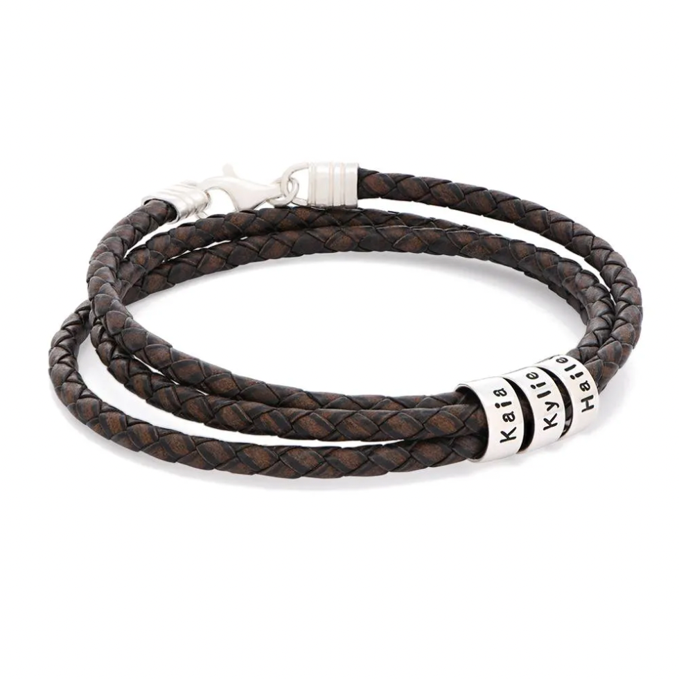 Leather Brown Bracelet for Men with Small Custom Beads