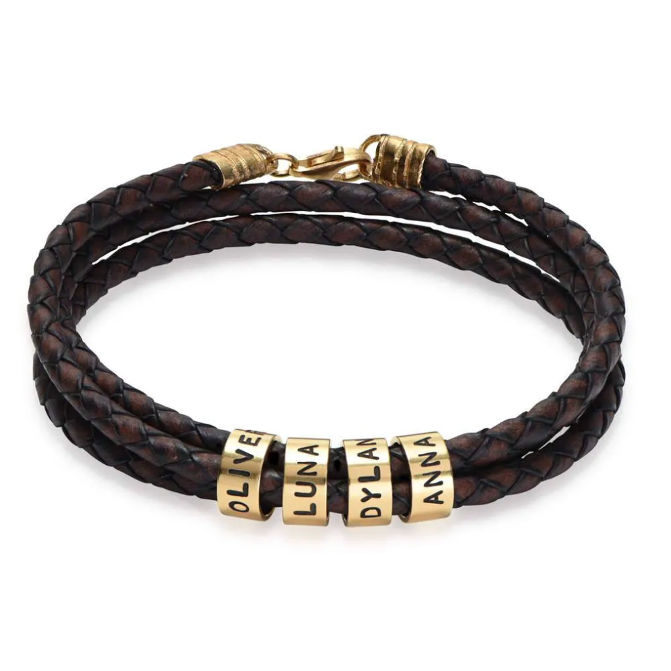 Leather Brown Bracelet for Men with Small Custom Beads