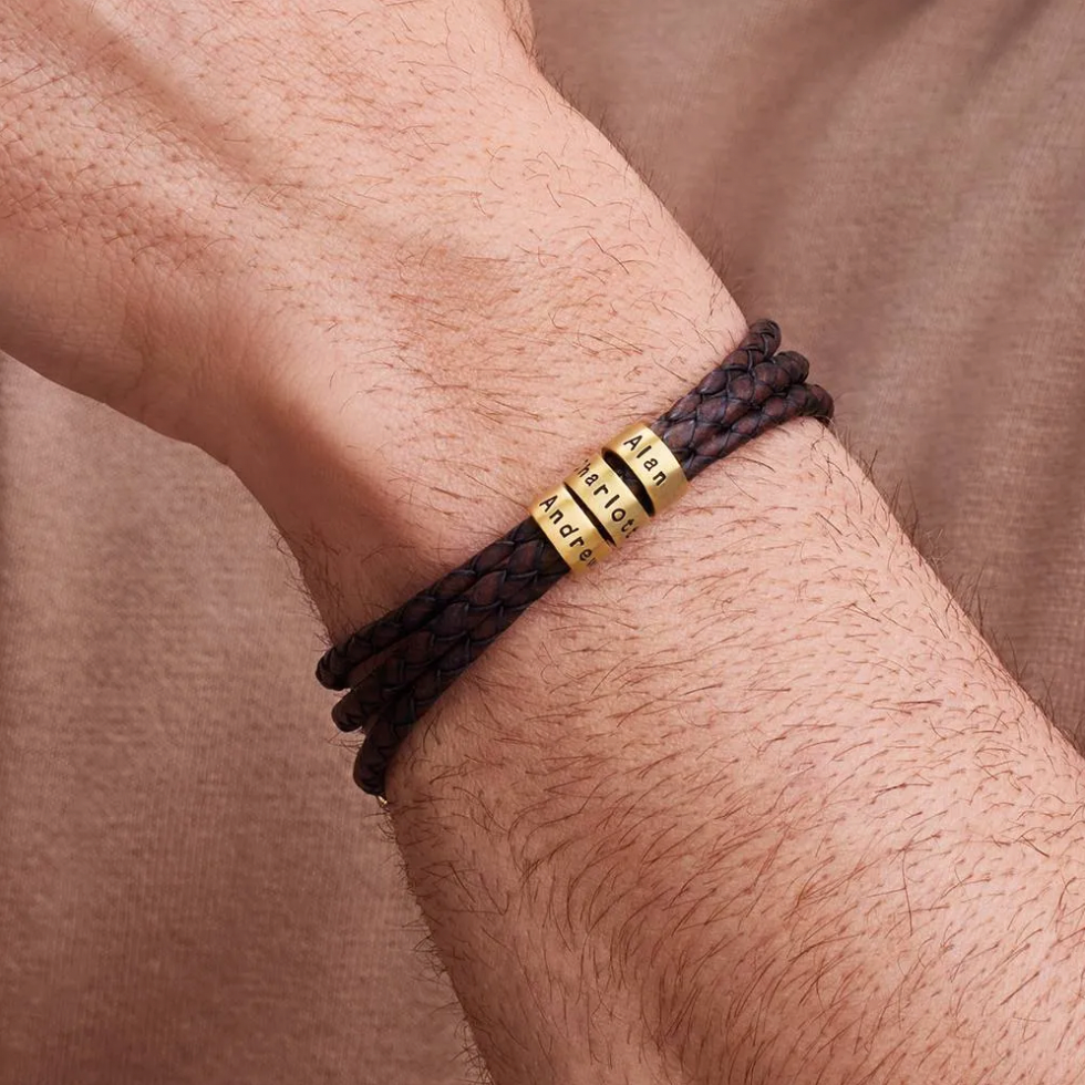 Leather Brown Bracelet for Men with Small Custom Beads