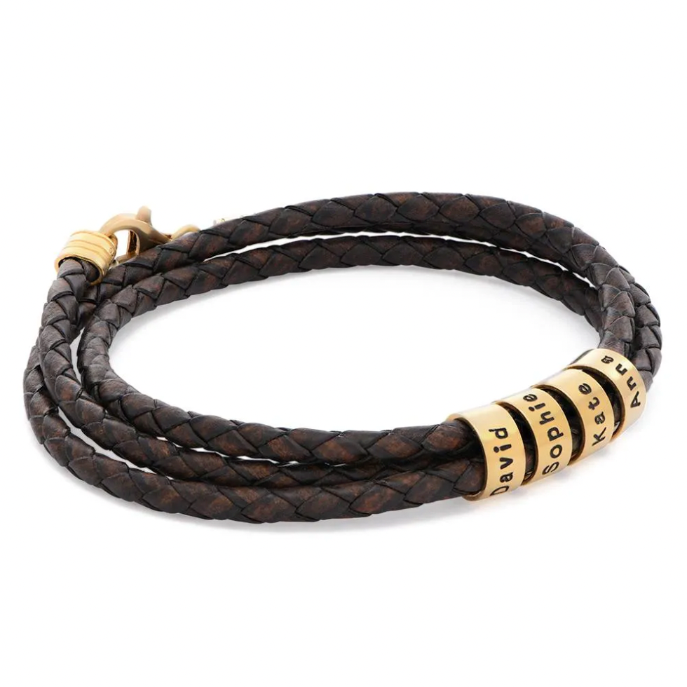 Leather Brown Bracelet for Men with Small Custom Beads