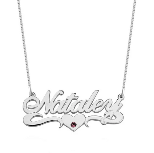 Silver necklace with a heart-shaped pendant Birthstone Name Necklace gold, sterling silver, rose gold, plated, 18k, makana jewellery, luxury