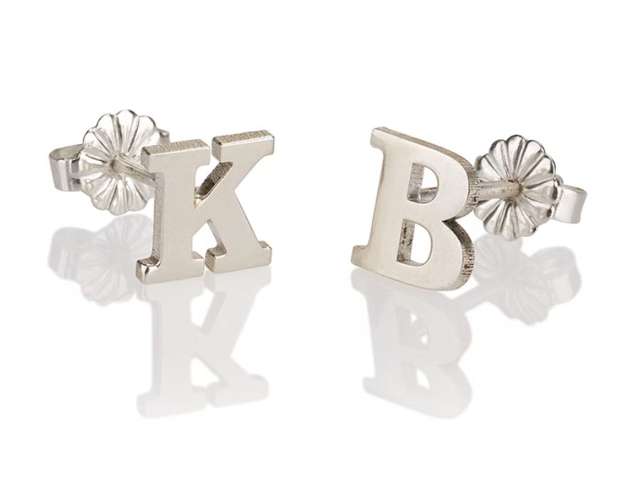 Silver two letter earrings on a white background. gold. silver. rose gold. plated 18k solid sterling silver. makana jewellery jewelry