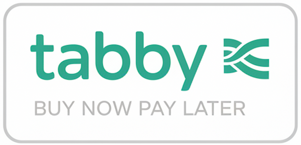 A white rounded rectangular button or badge with the word 'tabby' in teal and the phrase 'BUY NOW PAY LATER' in gray, plus a teal abstract logo on the right.